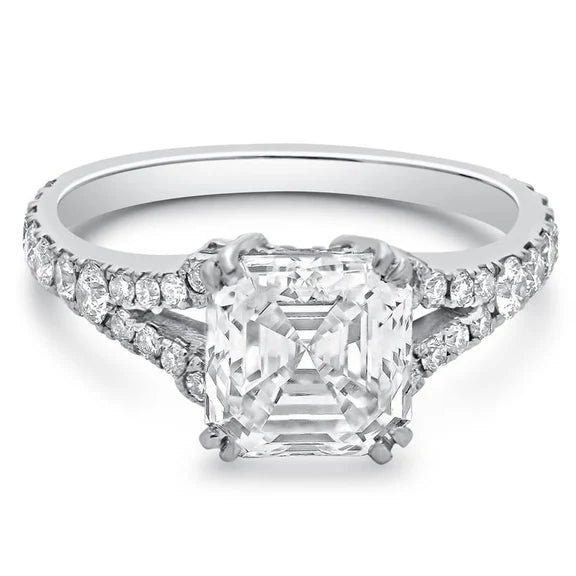 Bague Solitaire Réel Diamant Taille Asscher De 3.26 Carats Avec Accents