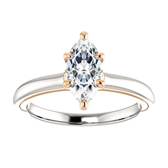 Bague Solitaire Réel Diamant Taille Marquise 1 Carat Bicolore Bijoux Dames