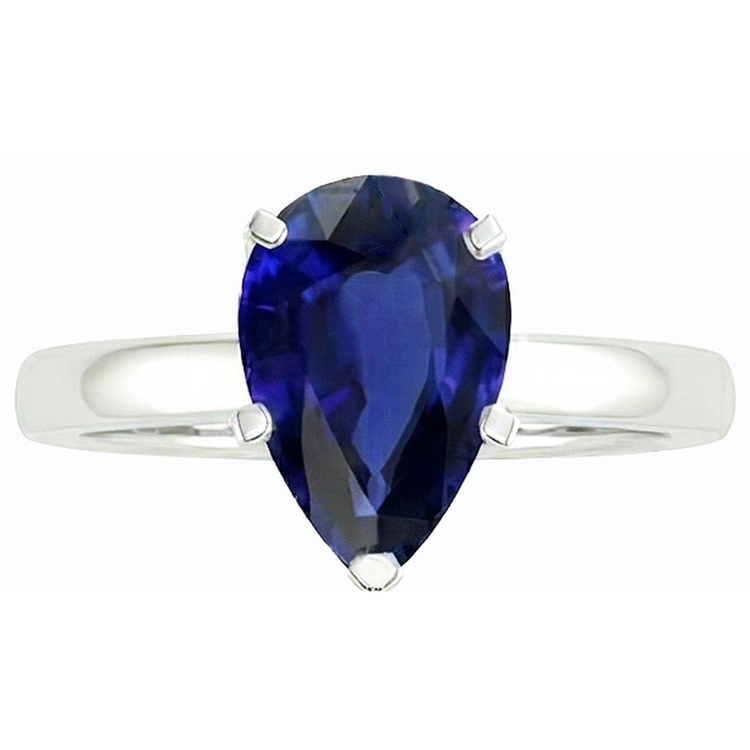Bague Solitaire Saphir Bleu Foncé Or Blanc 14K Taille Poire 3 Carats