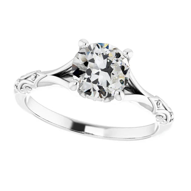 Bague Solitaire Style Antique Ronde Réel Diamant Taille Ancienne Mine 2 Carats