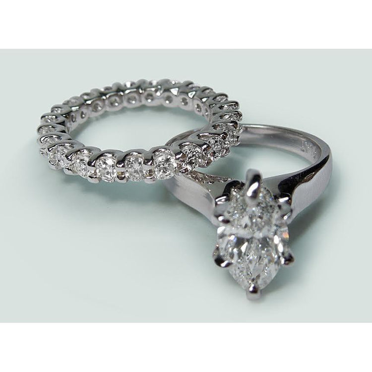 Bague Solitaire Véritable Diamant Or Blanc 14K 2 Carats Taille Marquise