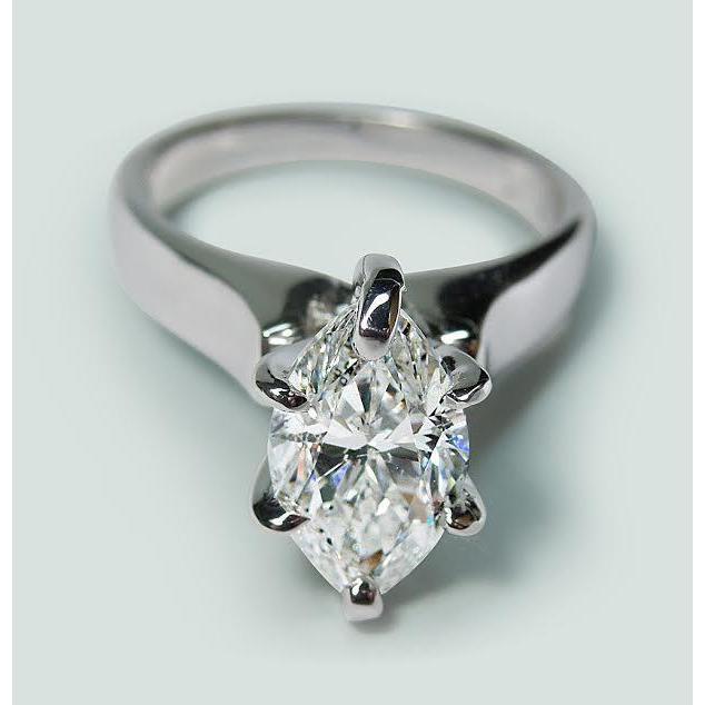 Bague Solitaire Véritable Diamant Or Blanc 14K 2 Carats Taille Marquise