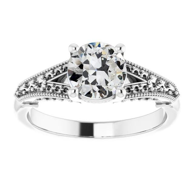Bague Solitaire Véritable Diamant Taille Ancienne Style Perlé Tige Fendue 2 Carats