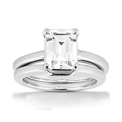 Bague Solitaire Véritable Diamant Taille Émeraude 2 Carats Avec Bande Or Blanc 14K