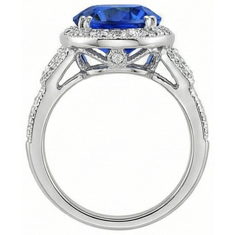 Bague Sri Lanka Saphir Bleu Diamants Naturels Extraits des Mines ( et non cultivés en laboratoire ) 5.33 Carats Or Blanc 14K Neuf