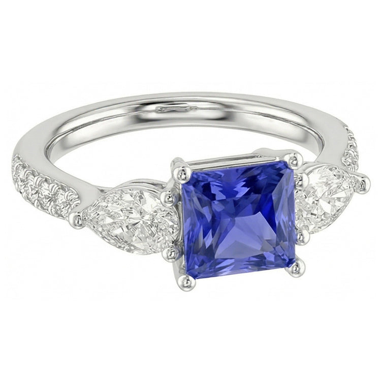 Bague Taille Radiant Saphir Bleu Poire & Diamants Ronds 3 Carats
