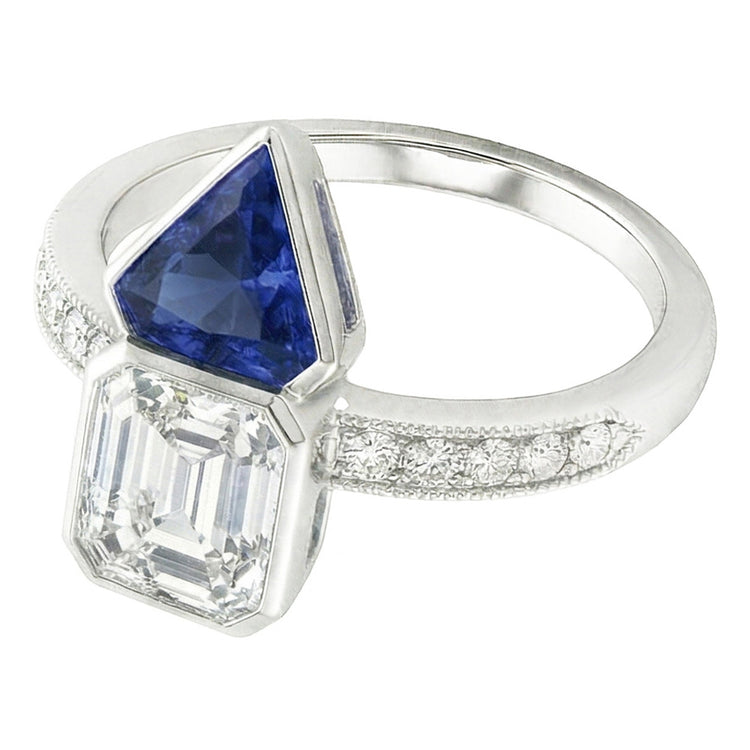 Bague Toi et Moi Asscher Diamant & Saphir de Ceylan 3.50 Carats Millgrain