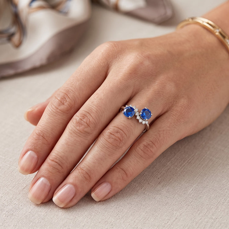 Bague Toi et Moi Diamant Naturels Extraits des Mines ( et non cultivés en laboratoire ) 1.18 Carats Saphir de Ceylan Femme Bijoux 14K