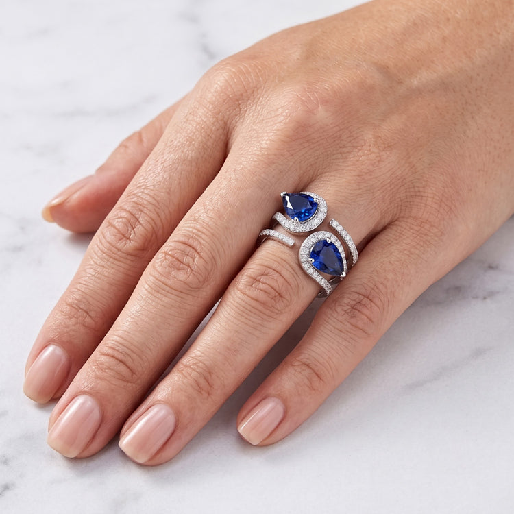 Bague Toi et Moi Or Femme Diamant Saphir Bleu Poire 3.50 Carats