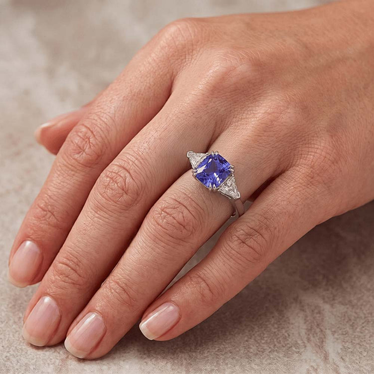 Bague Trillion Diamant 3 Pierres 2.50 Carats Double Griffe Saphir Ceylan