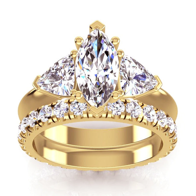 Bague Trillion Naturel Diamant Marquise 3 Pierres & Bande Assortie 3 Carats