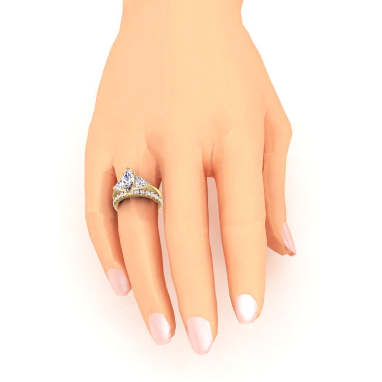 Bague Trillion Naturel Diamant Marquise 3 Pierres & Bande Assortie 3 Carats