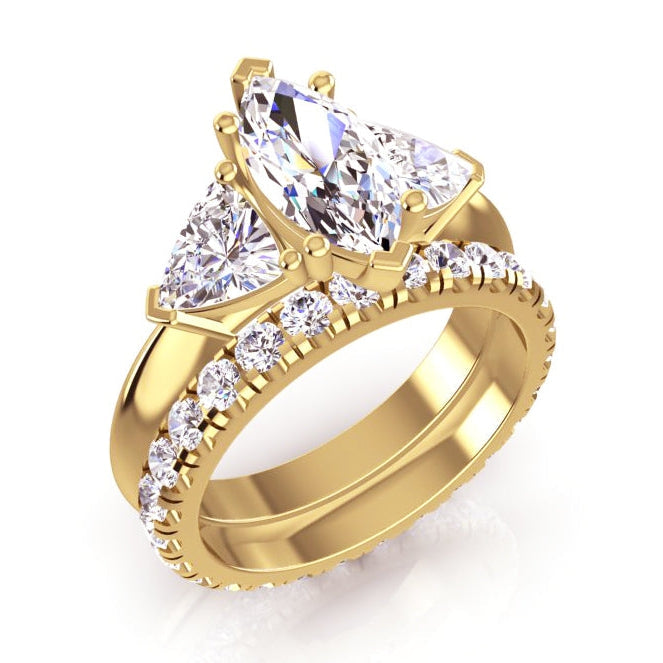 Bague Trillion Naturel Diamant Marquise 3 Pierres & Bande Assortie 3 Carats