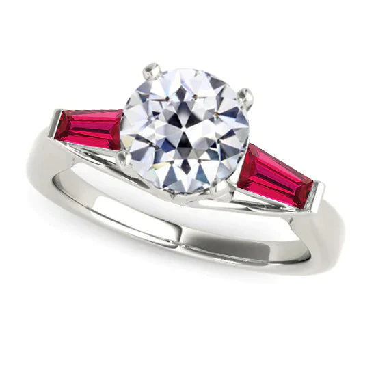 Bague Trilogie Rubis & Réel Diamants 3.20 Carats Or 14K Taille Ancienne