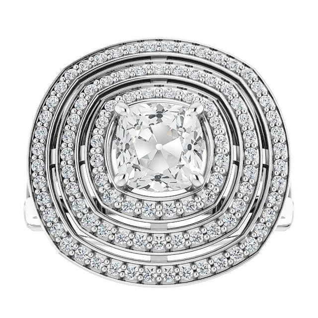 Bague Triple Halo Ronde & Coussin Vieux Mineur Naturel Diamants Or 11 Carats