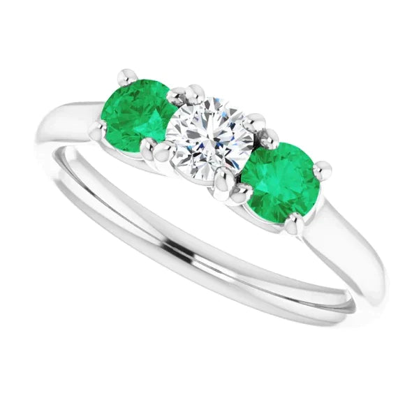 Bague Trois Pierres Diamant Emeraude 2.40 Carats Or Blanc 14K