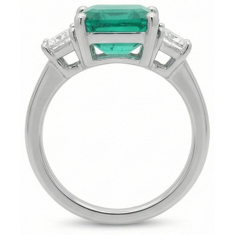 Bague Trois Pierres Diamant Naturels Extraits des Mines ( et non cultivés en laboratoire ) Vert Emeraude 4.25 Carats Or Blanc 14K Neuf
