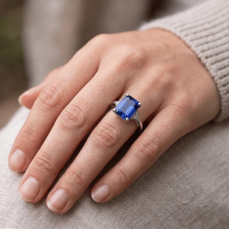 Bague Trois Pierres Emeraude Saphir Sri Lankais & Diamant Naturels Extraits des Mines ( et non cultivés en laboratoire ) 3.50 Carats