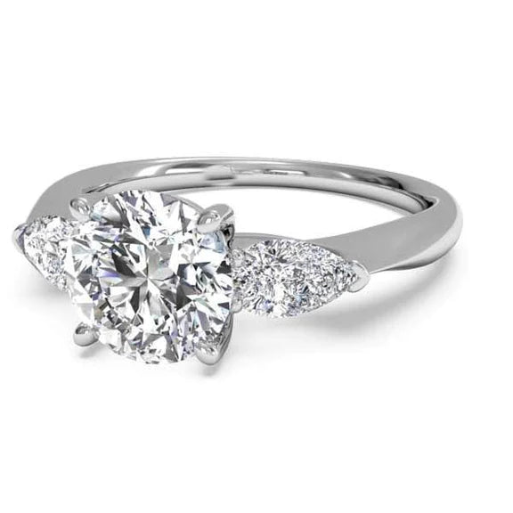 Bague Trois Pierres Naturel Diamant Rond Et Poire 1.30 Carats Or Blanc 14K