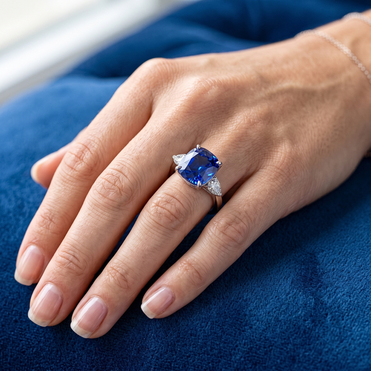 Bague Trois Pierres Poire Diamant & Coussin Bleu Saphir 3.50 Carats