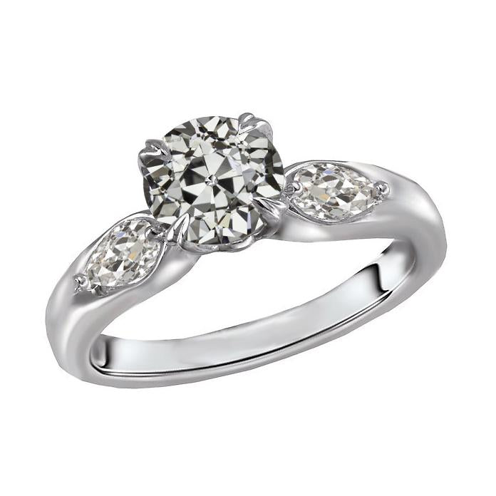 Bague Trois Pierres Poire & Véritable Diamant Rond Taille Vieille Mine Or Blanc 4 Carats