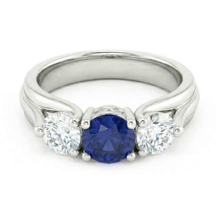 Bague Trois Pierres Saphir Bleu Et Diamant Naturels Extraits des Mines ( et non cultivés en laboratoire ) 1 Carat Or Blanc 14K