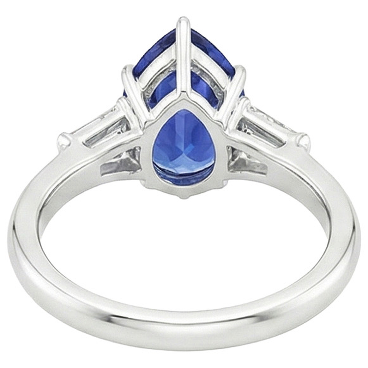 Bague Trois Pierres Saphir Bleu Poire & Diamants Naturels Extraits des Mines ( et non cultivés en laboratoire ) Baguette 3 Carats