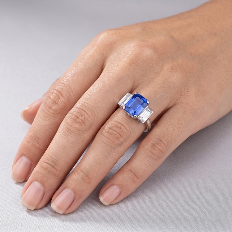 Bague Trois Pierres Saphir Radiant & Diamant Baguette Or 3.50 Carats
