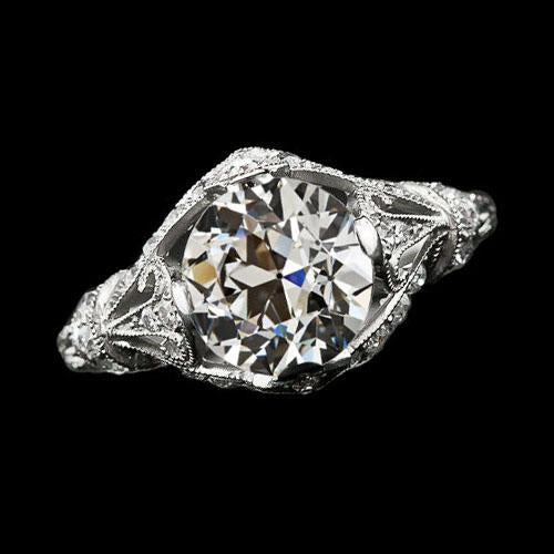 Bague Véritable Diamant Miner Ronde Ancienne Solitaire De Style Antique 2 Carats Millgrain