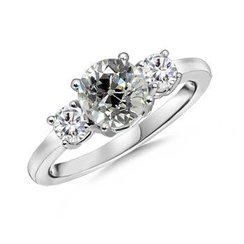 Bague Véritable Diamant Rond Taille Ancienne Trois Pierres 2 Carats Or Blanc 14K