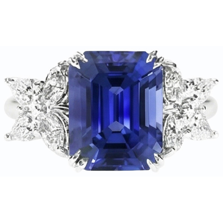 Bague dame diamant pierres précieuses taille émeraude saphir de Ceylan or 4 carats