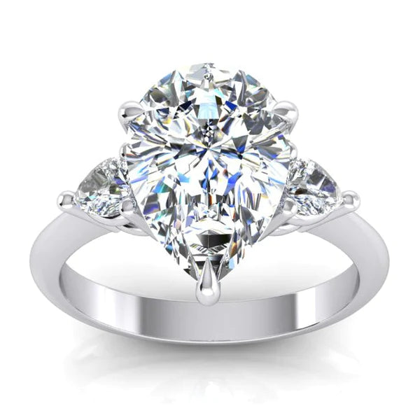 Bague de Fiançailles 3 Pierres Poire 3.30 Ct. Réel Diamant Or Blanc 14K