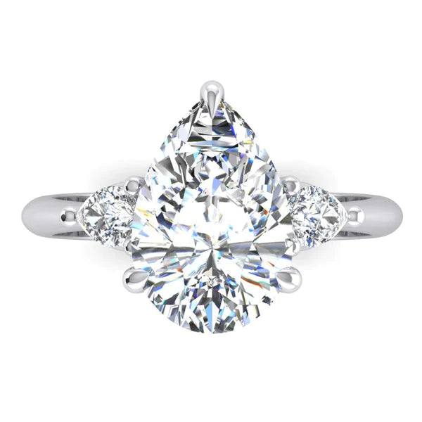 Bague de Fiançailles 3 Pierres Poire 3.30 Ct. Réel Diamant Or Blanc 14K