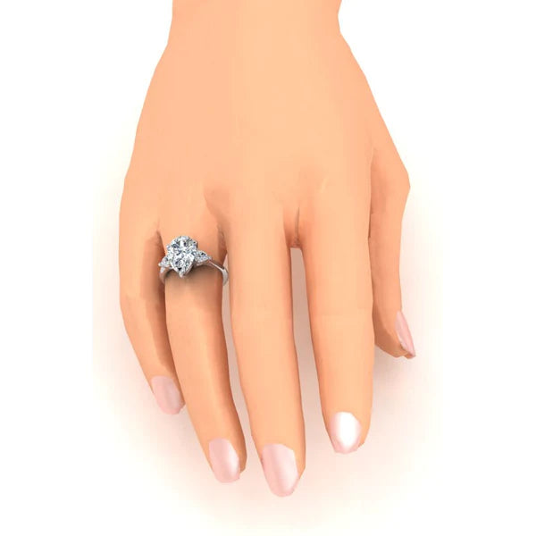 Bague de Fiançailles 3 Pierres Poire 3.30 Ct. Réel Diamant Or Blanc 14K