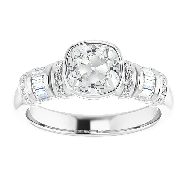 Bague de Fiançailles Baguette & Coussin Réel Diamants Taille Ancienne Serti Clos 4.50 Carats