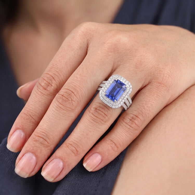 Bague de Fiançailles Double Halo Radiant Saphir 6 Carats Diamants