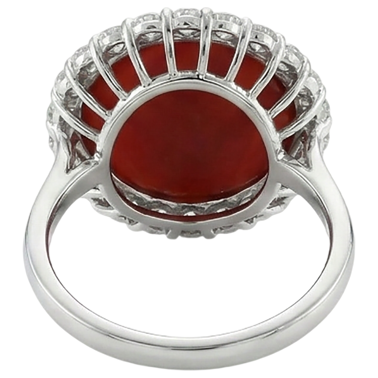 Bague de Fiançailles Or Blanc 14K 15 Carats Corail Rouge Et Diamants Naturels Extraits des Mines ( et non cultivés en laboratoire )