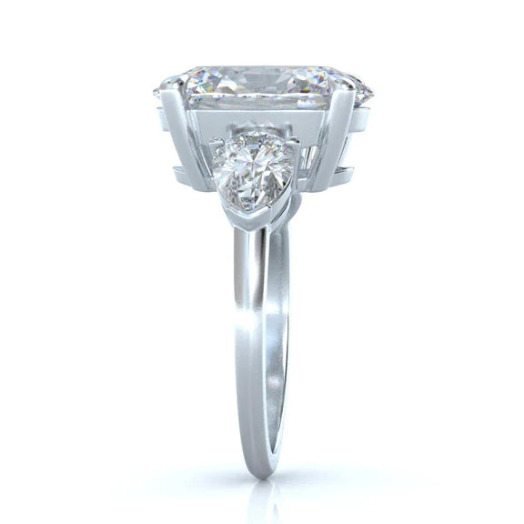 Bague de Fiançailles Ovale & Poire Naturel Diamant 8 Carats 3 Pierres Or Blanc 14K