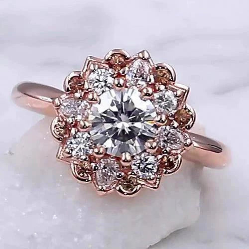 Bague de Fiançailles Réel Diamant 2 Carats Halo Fleur de Lotus Or Rose