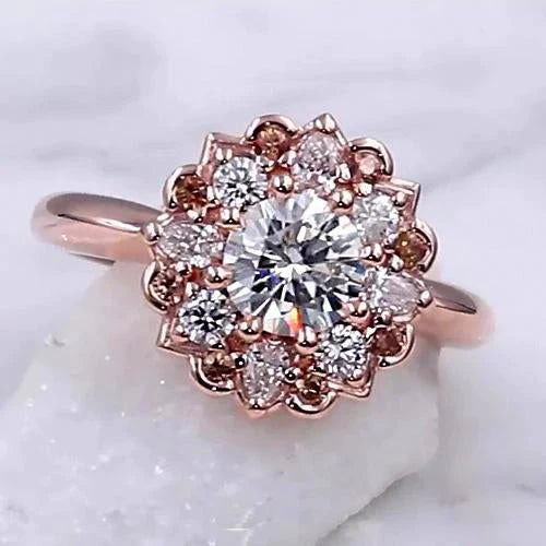 Bague de Fiançailles Réel Diamant 2 Carats Halo Fleur de Lotus Or Rose