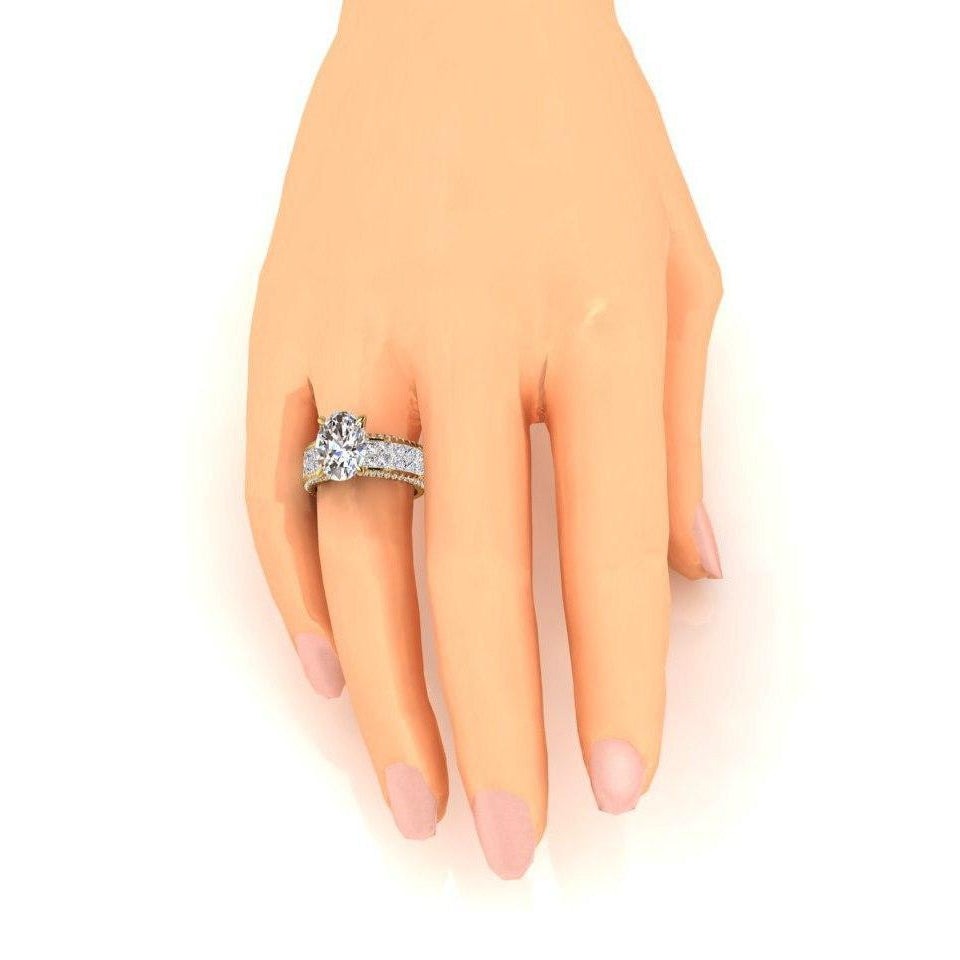 Bague de Fiançailles Réel Diamant Centre Ovale 6.92 Carats Or Jaune 14K