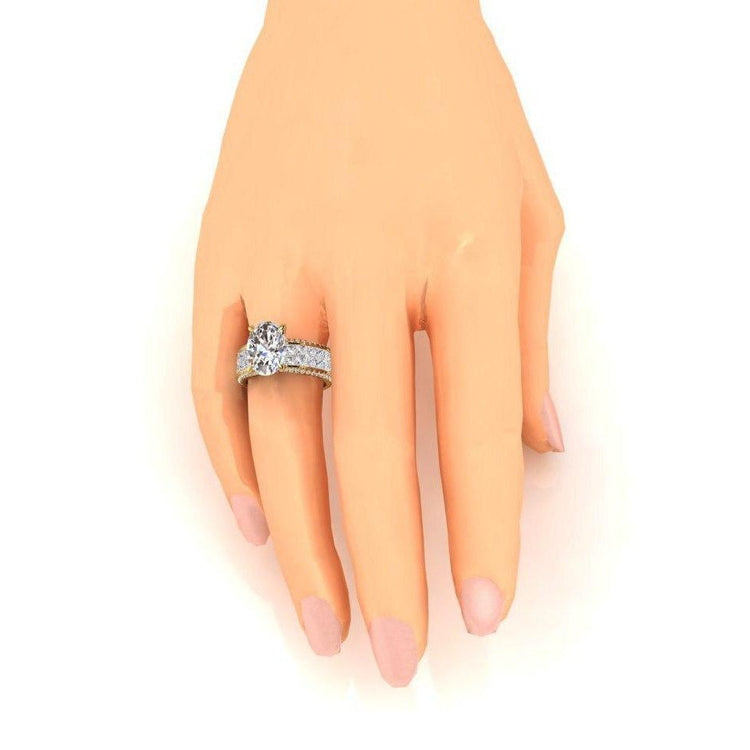 Bague de Fiançailles Réel Diamant Centre Ovale 6.92 Carats Or Jaune 14K