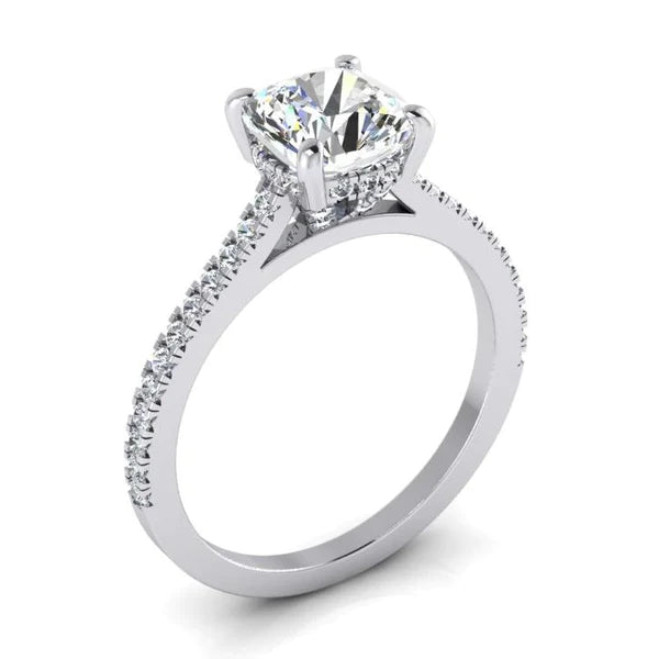 Bague de Fiançailles Réel Diamant Coussin Or Blanc Sertissage Cathédrale 2 Carats