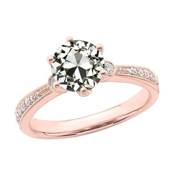 Bague de Fiançailles Ronde ancienne mine Cut Réel Diamant 3.25 Carats Or Rose