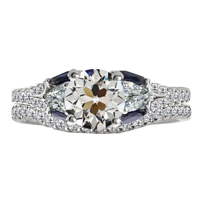 Bague de Mariage Ensemble Ronde Vieux Mineur Réel Diamant et Saphirs Baguettes 7 Carats
