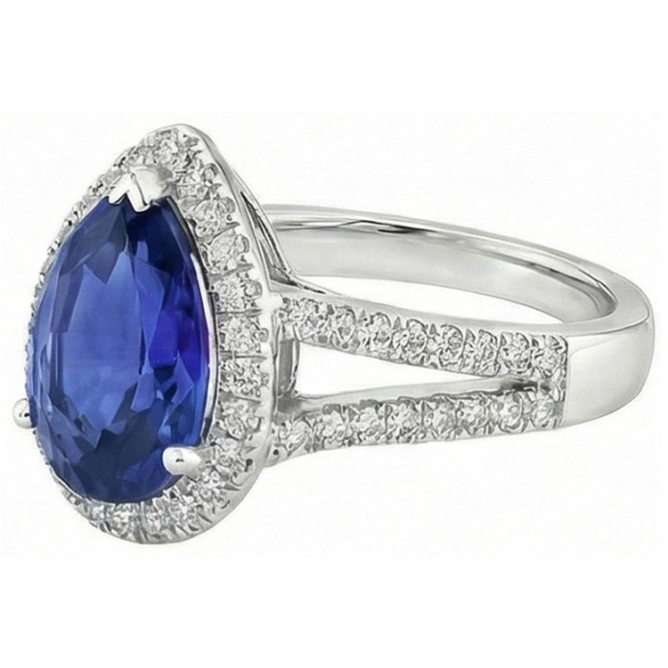 Bague de fiançailles Halo Diamant Poire Ceylan Saphir Tige fendue 4 Carats