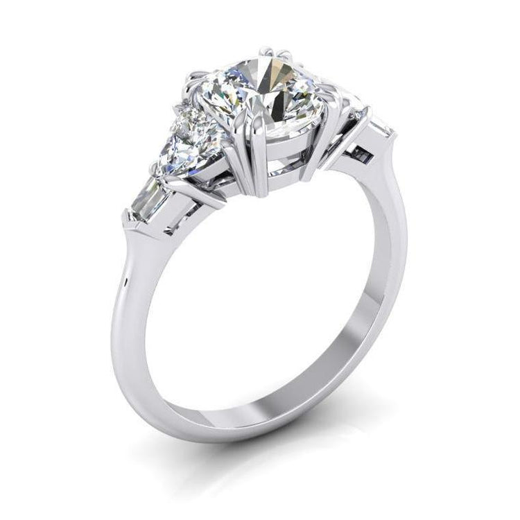 Bague de fiançailles Réel diamant coussin 3 carats taille trillion or blanc 14K