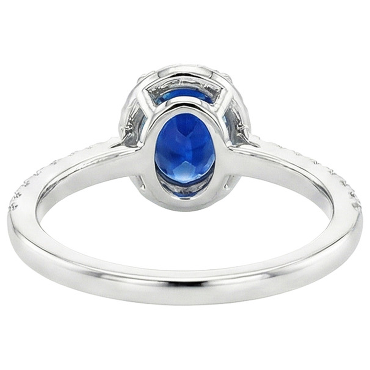 Bague de fiançailles diamant rond halo ovale saphir de Ceylan or 6 carats