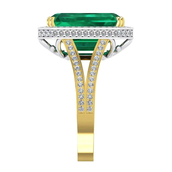 Bague de fiançailles émeraude Vert et diamant de Zambie 11.50 carats bicolore 14K