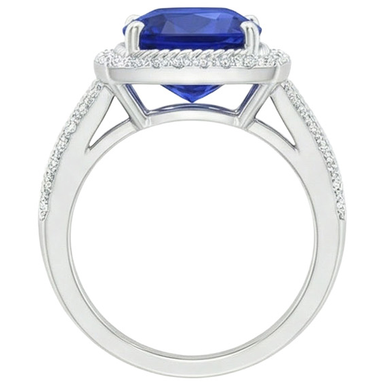 Bague de fiançailles halo de diamants et saphirs 3.70 carats or blanc 14K